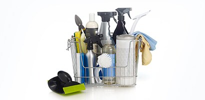 Basket of Garage cleaning supplies
